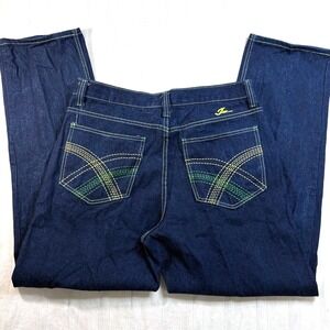 JINZU Y2K Baggy Denim Jeans Size 38x34 Classic Fit Dark Wash Green Yellow Stitch